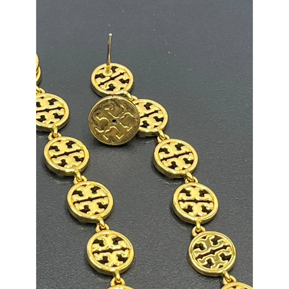 Tory Burch Gold Plated Logo Patchwork‎ Drop Linear Dangle Earrings With Backs